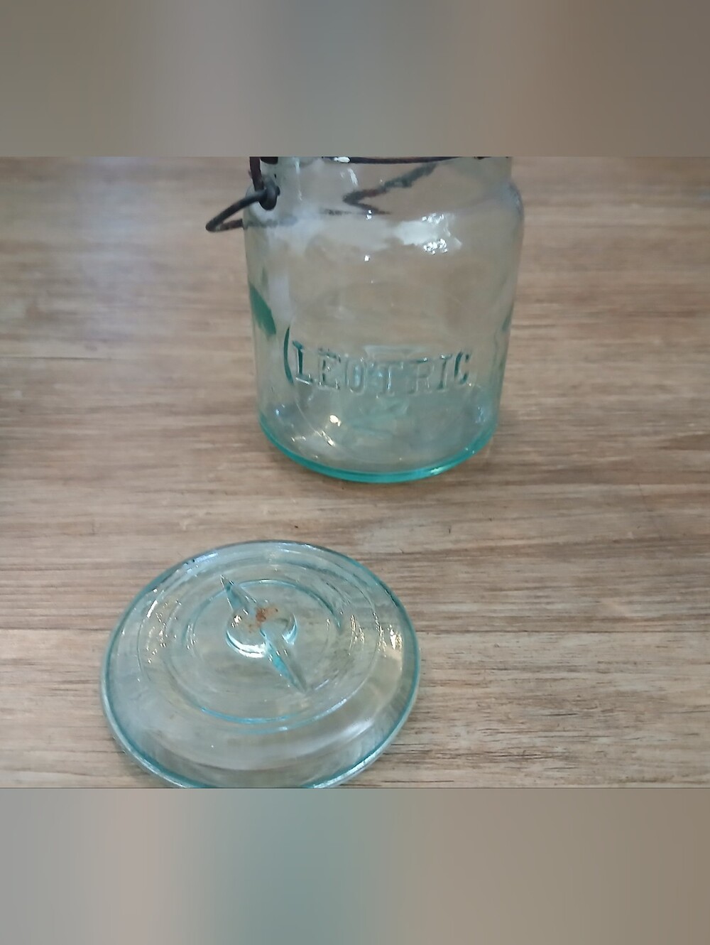 Vintage Aqua Glass Jar with Lid - 'Leotric' Embossed